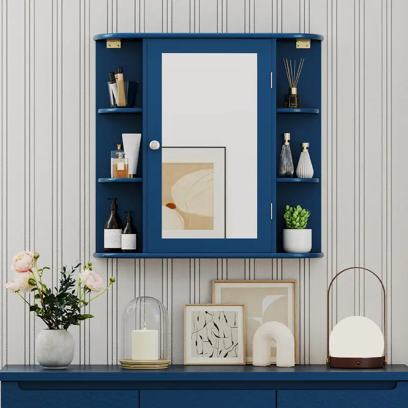 

Wall-Mounted Bathroom Mirror Cabinet with Storage Shelves-Blue