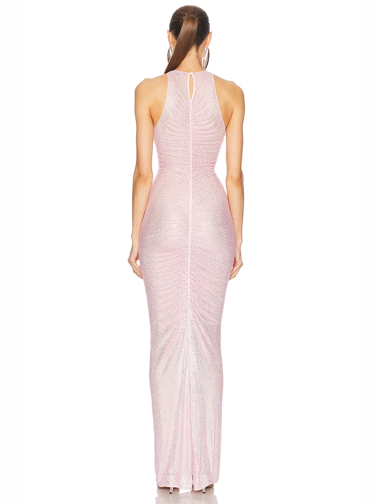 مثير س الرقبة طيات لامعة الماس فستان طويل المرأة الوردي أكمام حجر الراين Ruch مطوي فساتين ضئيلة مساء حزب نادي العباءات