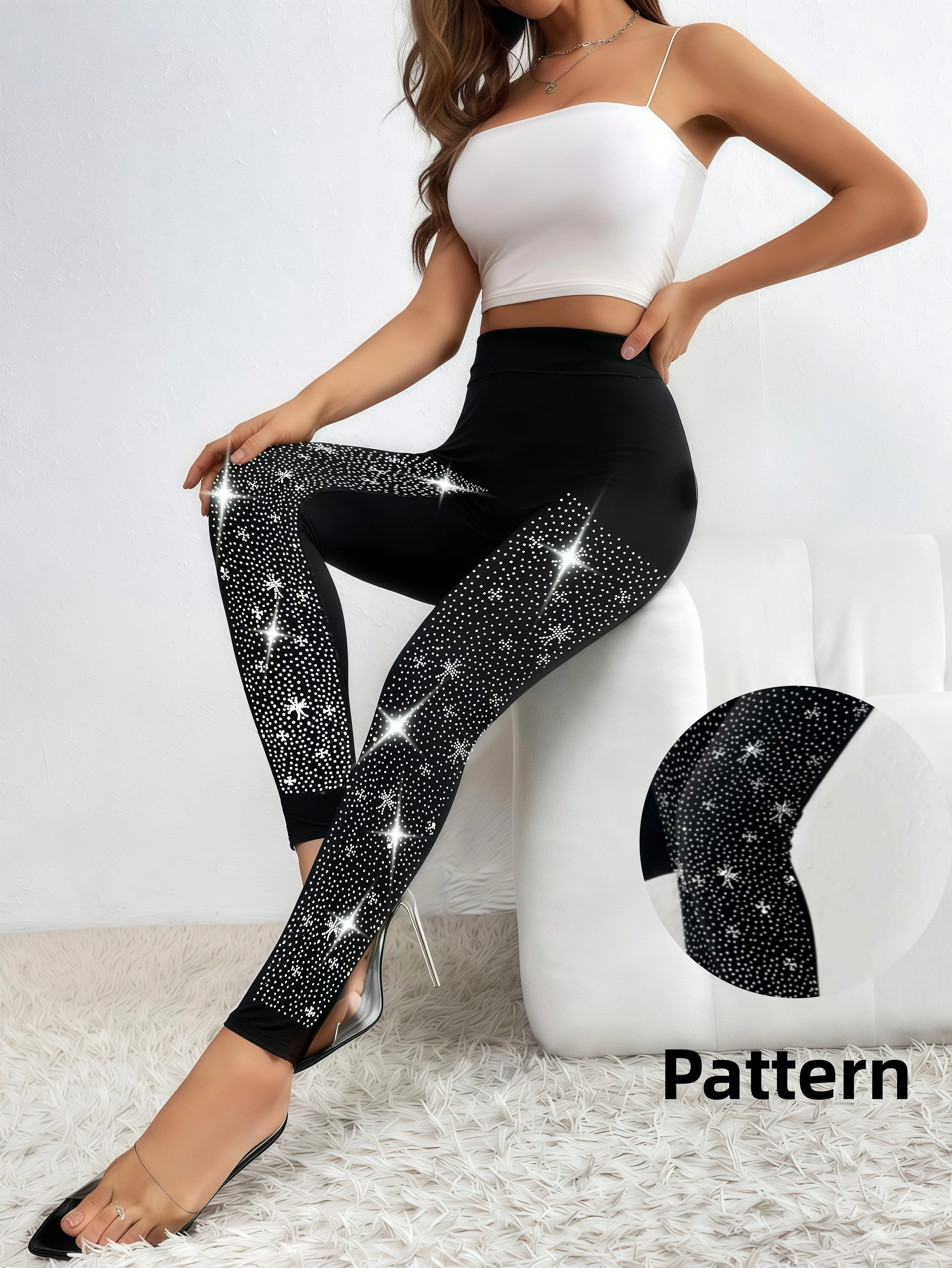 Women's Front Snowflake Full Star Rhinestone Leggings High Waist Shiny Knit Versatile Breathable Nine Point Pants Party Outfit