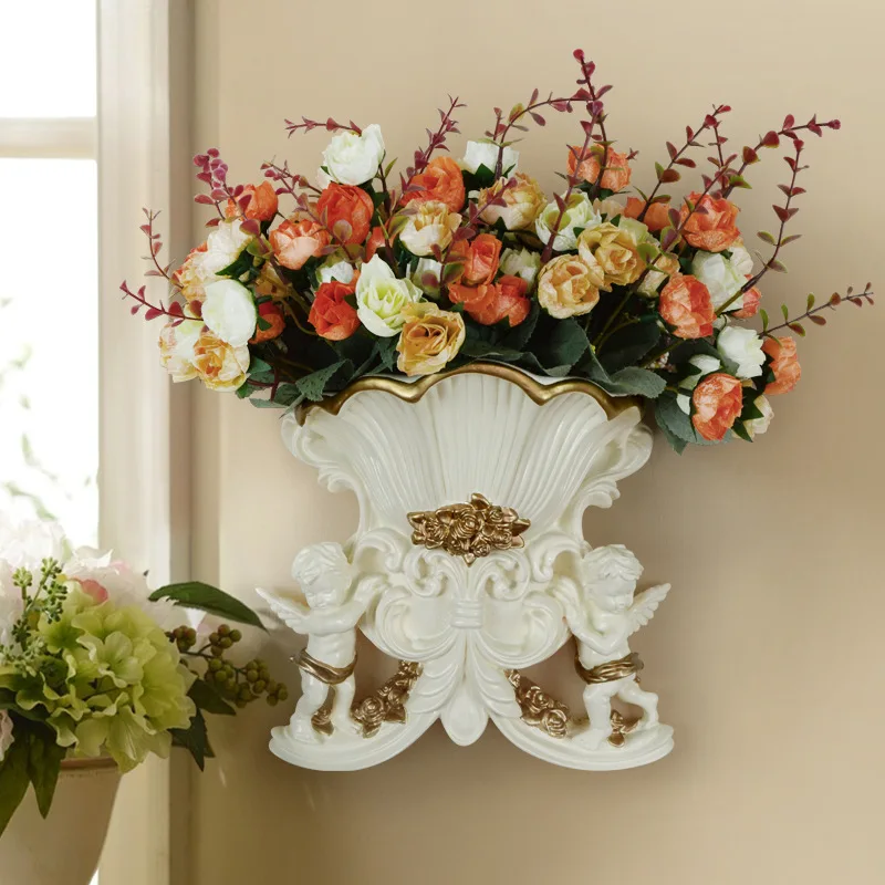 Nordic Double Angles Wall Vase with Artificial Flowers European Style Wall Decor Sculpture Hanging Flower Pot for Home Decor