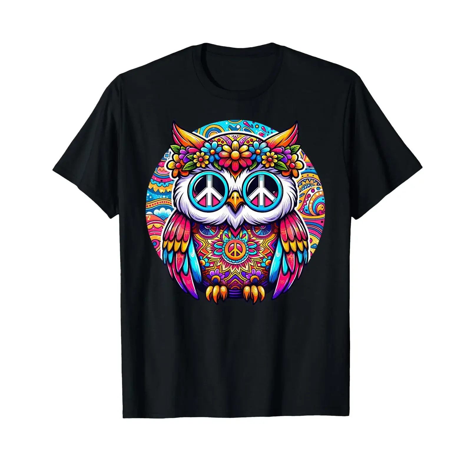 T-shirt vintage délavé style designer, motif hibou psychédélique, amour, harmonie, unité, positivité, coloré, élégant, extensible, décontracté