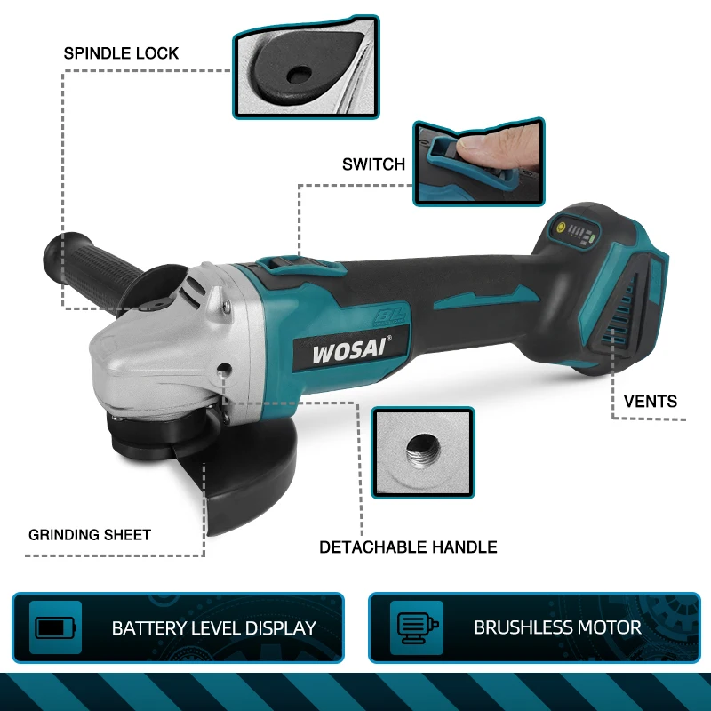 WOSAI MT-Series 20V 125mm Brushless Cordless Angle Grinder Variable Speed Cutting Machine Polisher for Makita Battery