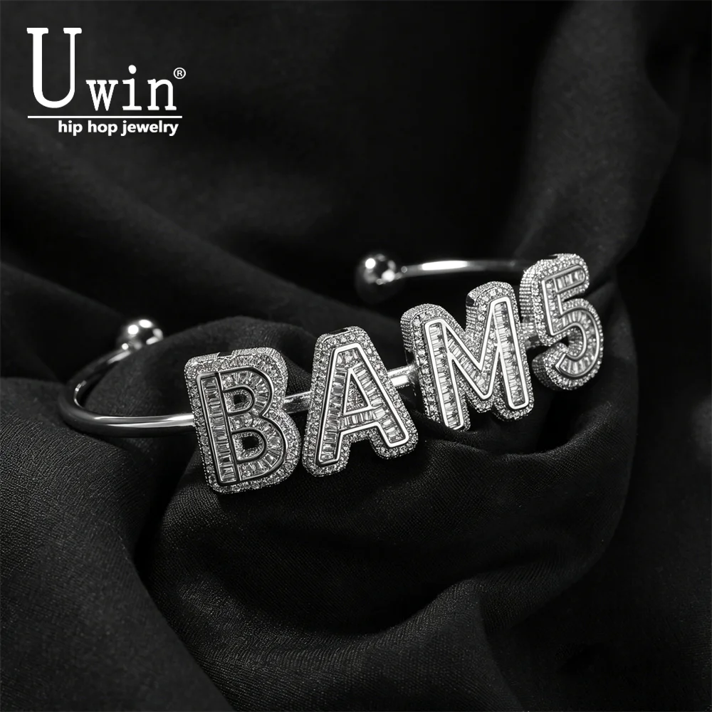 

Uwin Custom Small Baguettecz Letters Cuff Bangle Iced Out Cubic Zirconia Personalized Name Bangle Hiphop Jewelry For Gift