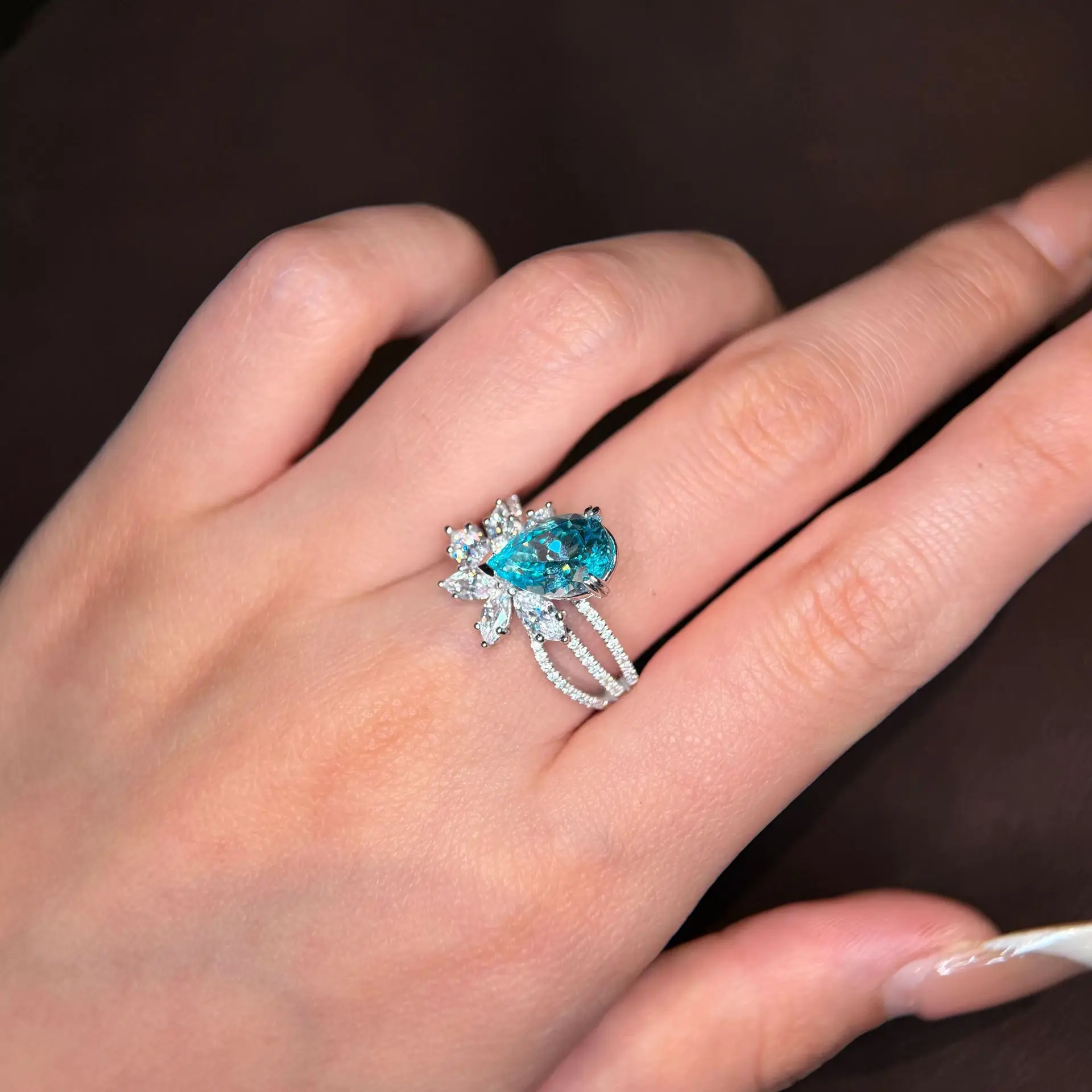 Lab-Grown Paraiba 7*11mm Pear Cut Statement Ring Fine Jewelry 925 Sterling Silver Engagement Daily Luxury Gala For Women