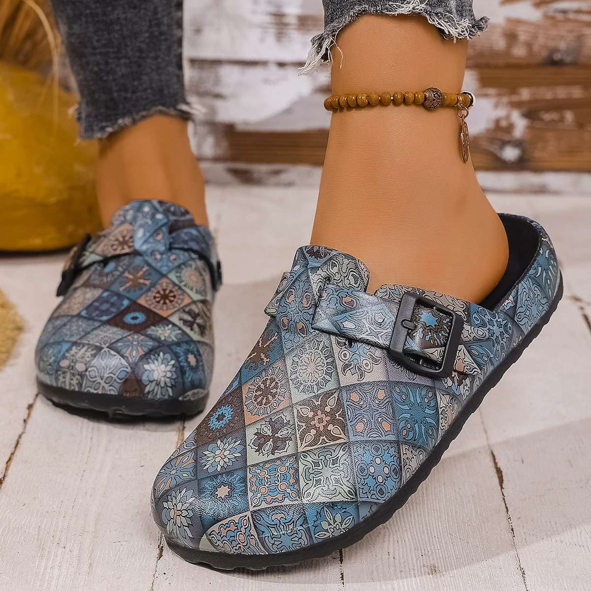 Women's Mules in Black Bohemian Style, Wedge Heel with Double Straps, Great for Daily Casual Wear, Commuting, or Vacation image 6