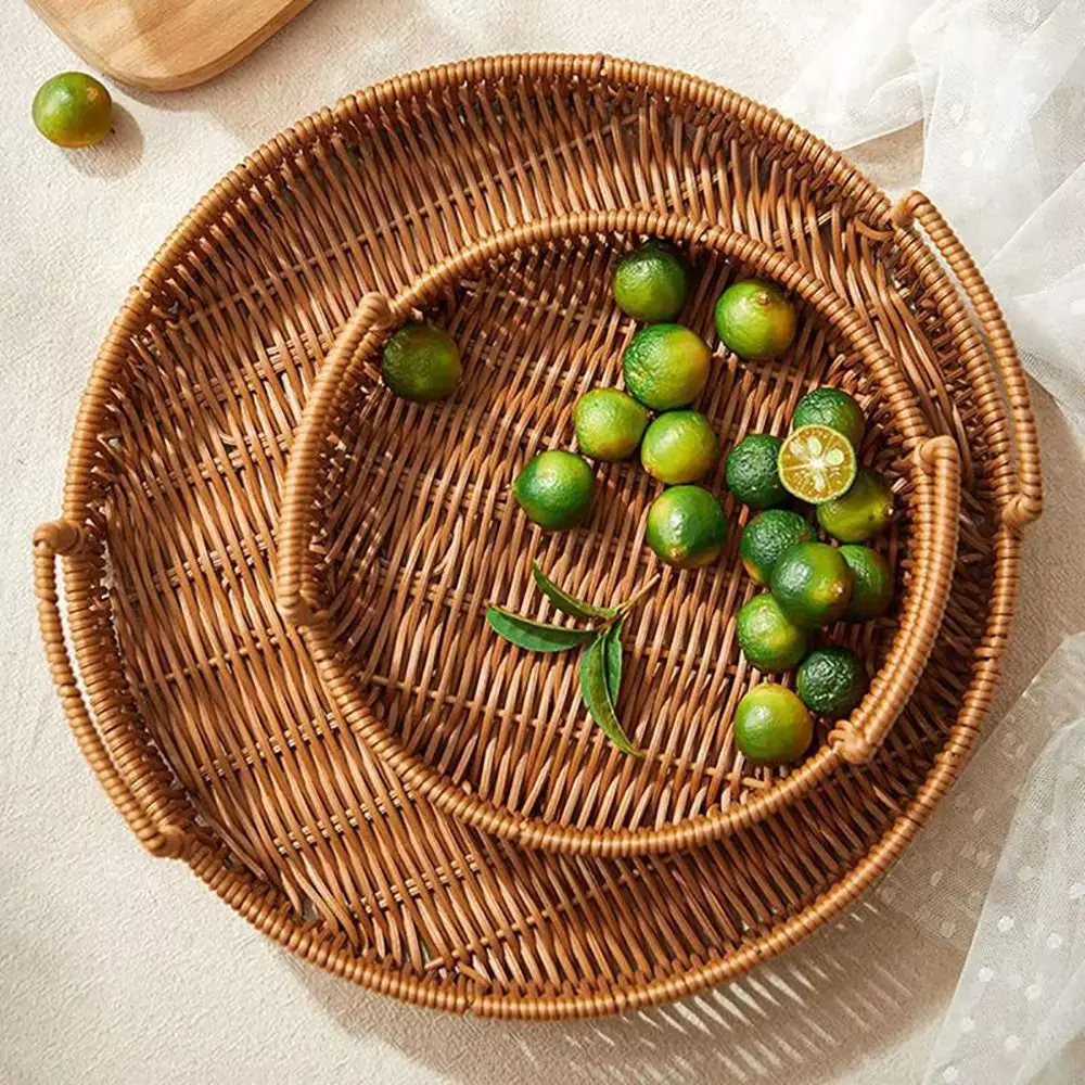 1Pcs Round Shape Handwoven Rattan Basket with Double Ears Plastic Imitation Wicker Rattan Storage Tray 20/25/30cm