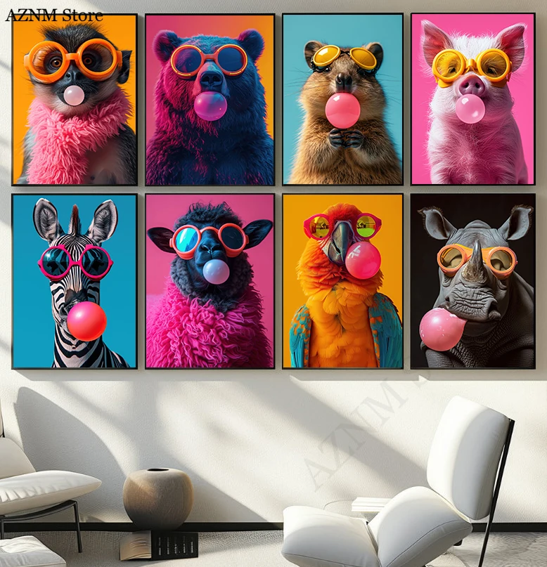 Póster impreso en lienzo de chicle rosa con animales coloridos, pintura artística de pared de dibujos animados de animales bonitos, decoración moderna para el hogar, habitación de bebé y guardería