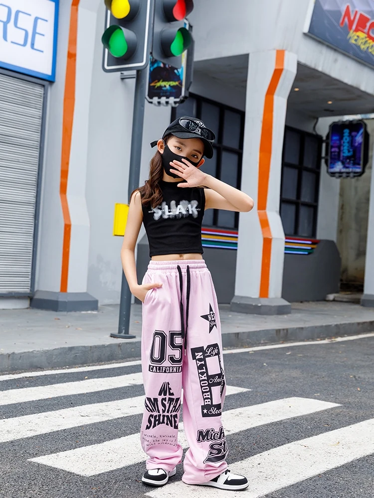 2024 Girls Modern Hip Hop Dance Costumes For Kids Black Vest Pink Pants Streetwear Children Jazz Performance Stage Wear DN17956