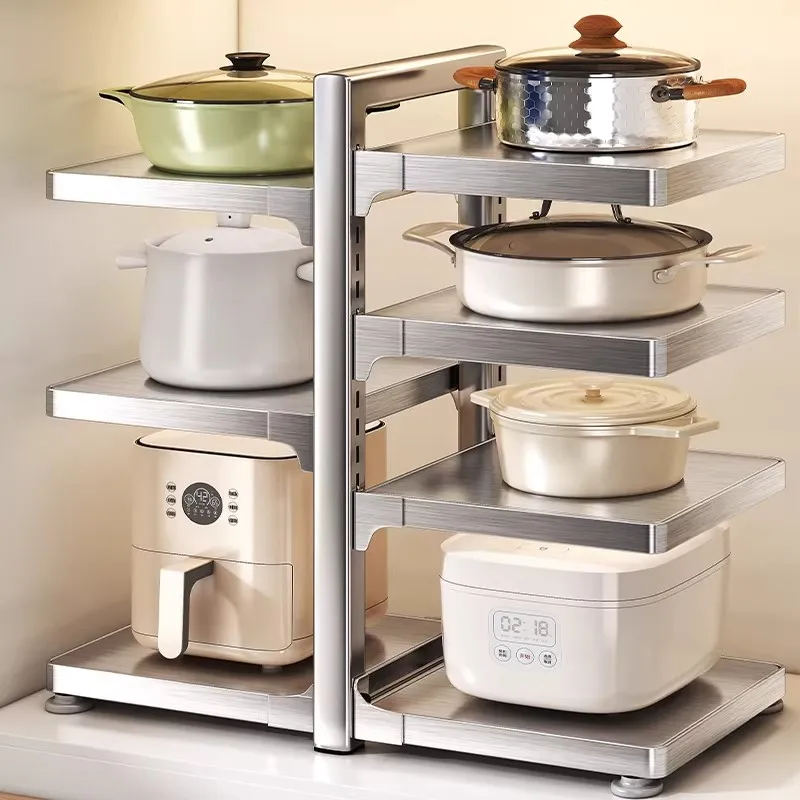 Stainless steel kitchen storage rack, multi-layer adjustable cooker storage rack, household multi-functional storage rack