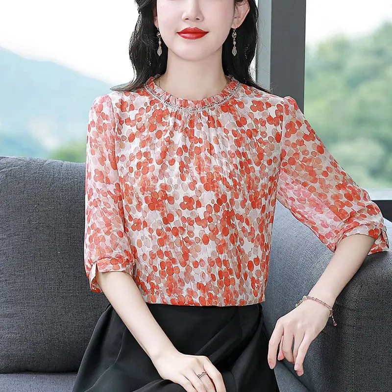 เสื้อชีฟองลายดอกไม้ฤดูร้อนของผู้หญิงแฟชั่นใหม่หรูหราแม่สไตล์แขน 3/4 ด้านบน