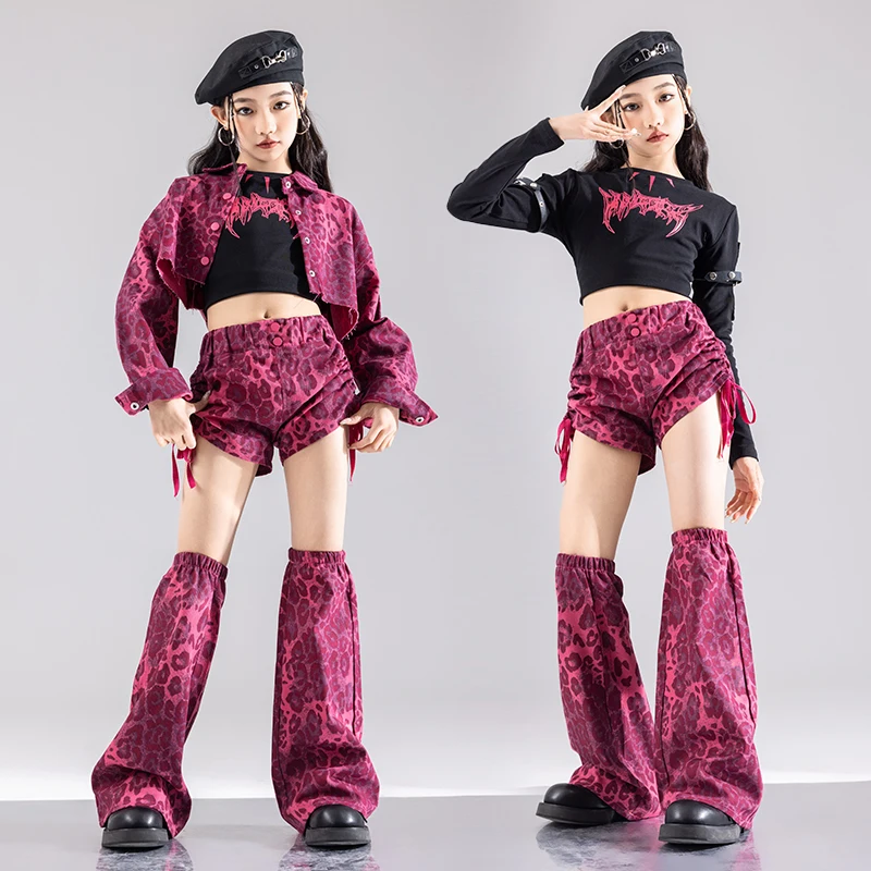 Kids Hip Hop Tops leopard pattern Streetwear Dance Cargo Pants Girls Perforamance Suit Children Jazz Costumes K-pop Clothes Set