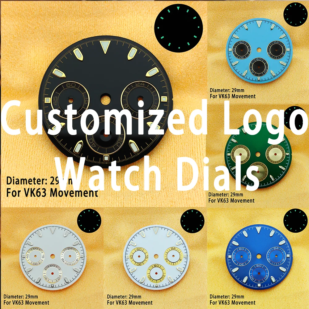Panda Dial Customized Logo Watch Dial VK63 Dial Three eye dial with 6 pointers Green Luminous Black and White dial Diy Wtach Dia