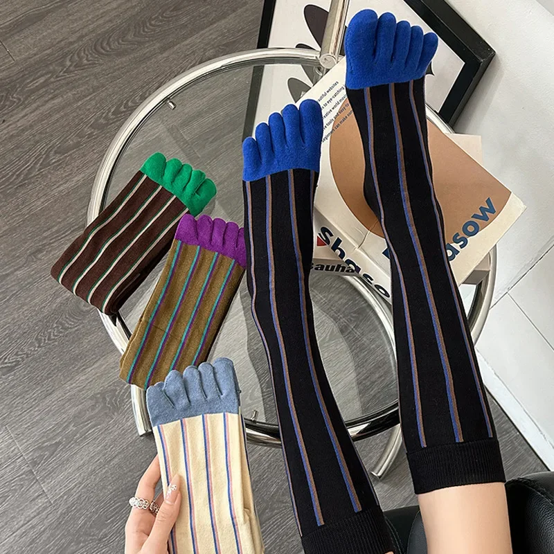 1/4/8 Pairs Women Stockings Split Toe Socks Cotton Striped Long Casual Fashions Breathable Warm Below Knee Calf Five Finger Sock