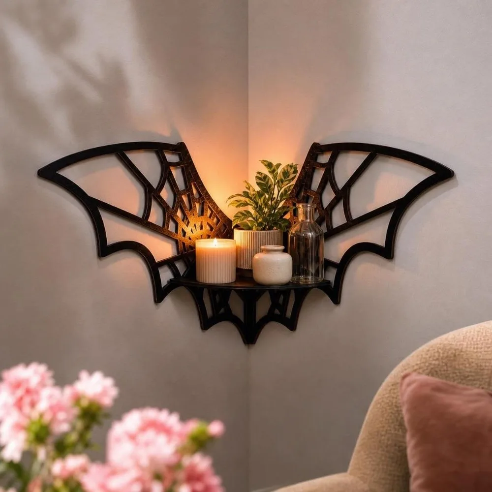 Wooden Bat Corner Shelf Hollow Pattern Wall Mounted Floating Storage Shelf Creative Shape Black Wall Display Shelf