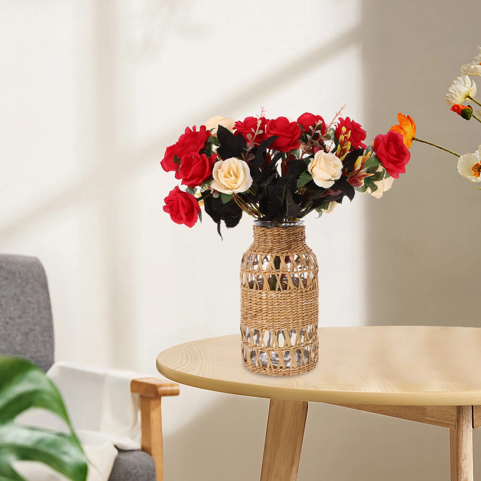 

Handcrafted Rattan Glass Vase Stylish Woven Design Flower Vase for Indoor Plants Decor Desktop Ornament Simple Elegant Home