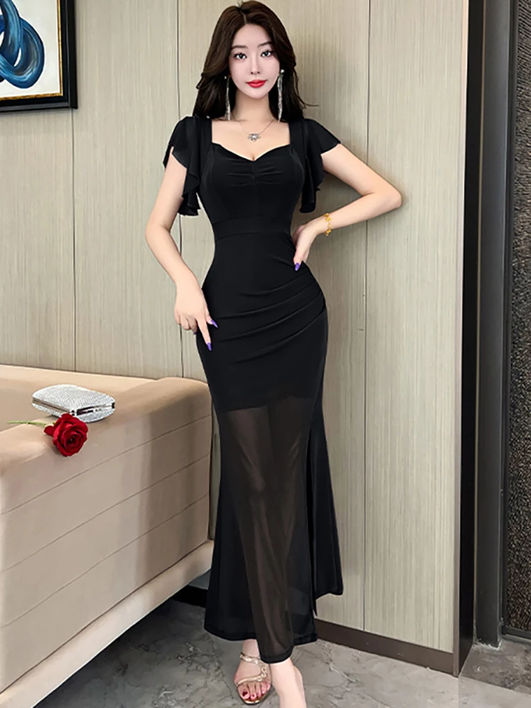 Abito lungo estivo con colletto quadrato e maniche a farfalla in rete viola Abito da donna elegante e trasparente Abito da club sexy 2025 Abito aderente coreano