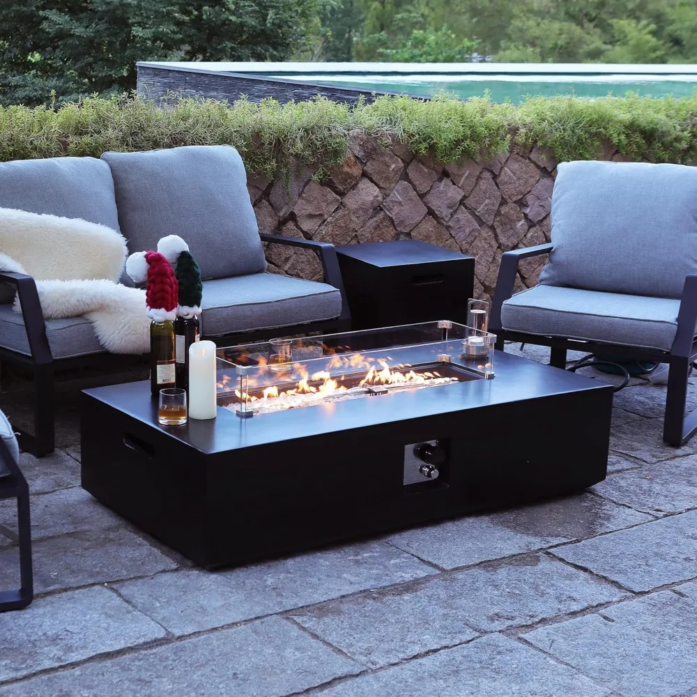 

56 Inch Propane Fire Pit Table, Outdoor Rectangle Fire Table w Tank Table (50,000 BTU), 3 Piece Gas Fire Pit in Black w Glass Wi