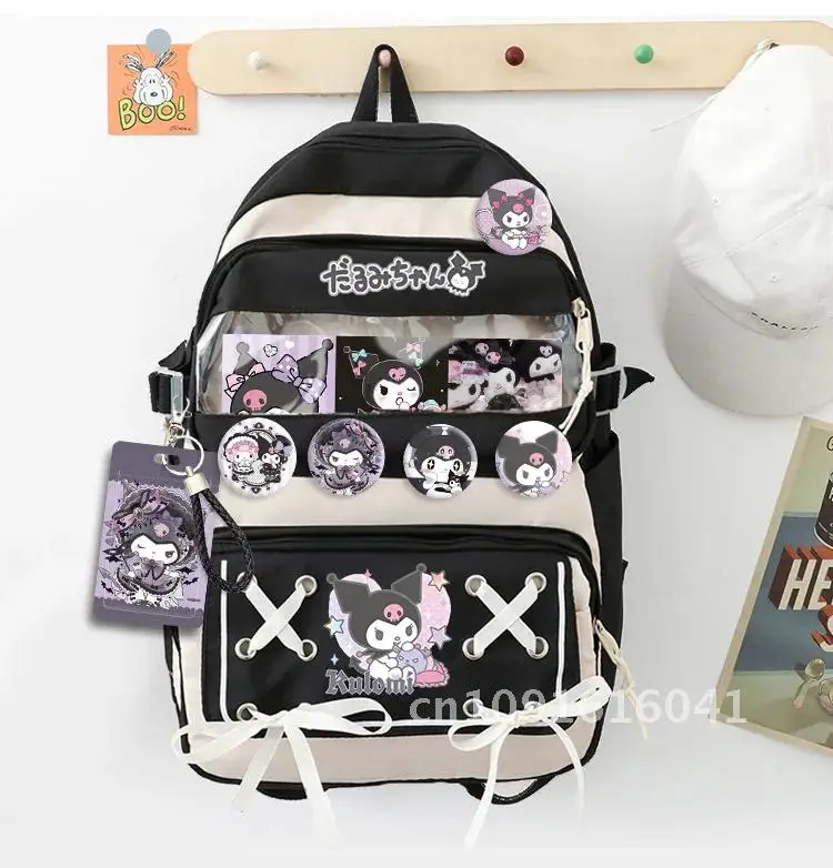 Anime kuromi cinnamoroll melodia mochila estudantes livro saco de escola kawaii meninas portátil com badagens