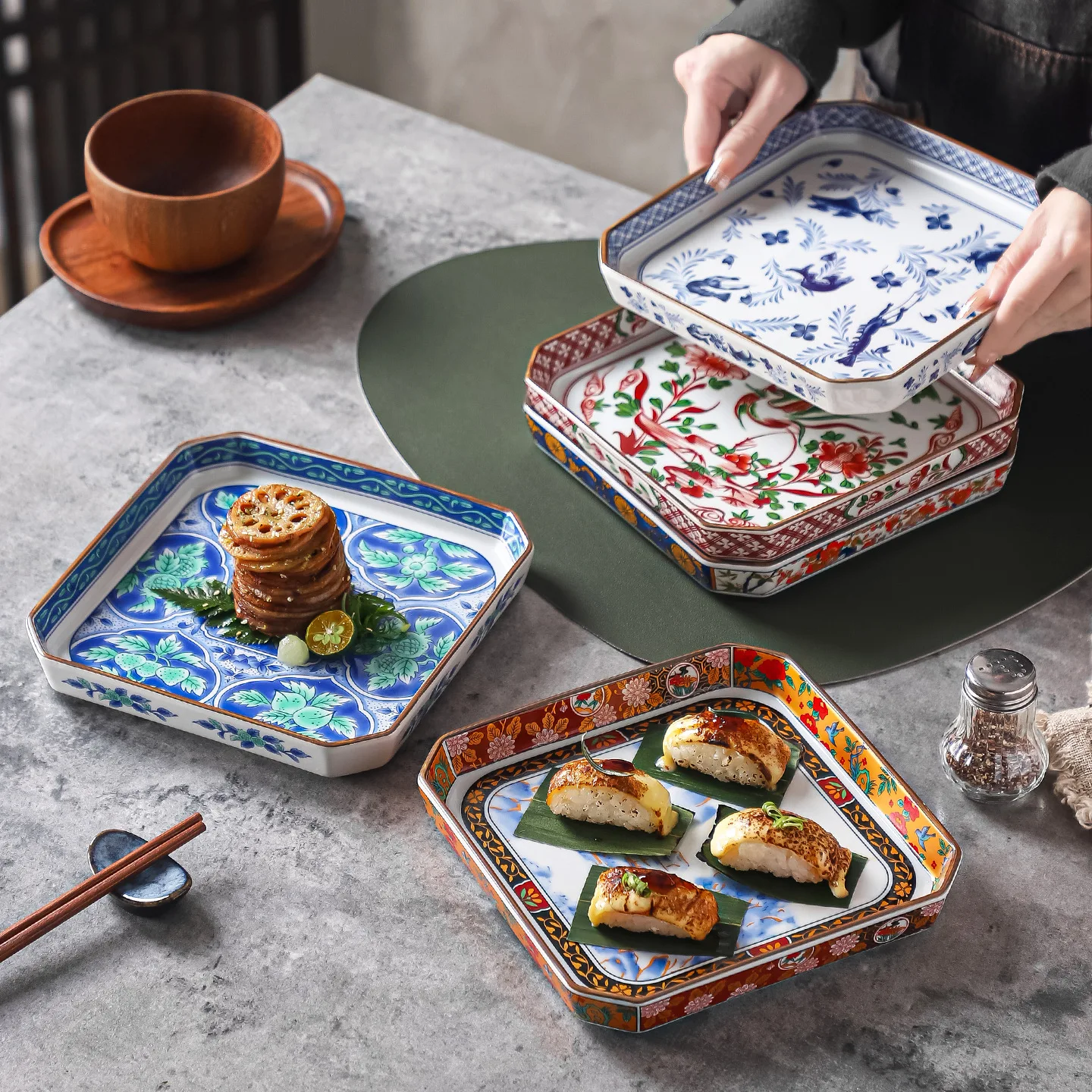 Japanese-style ceramic square plate, retro painted vegetable plate, tableware in front of the plate