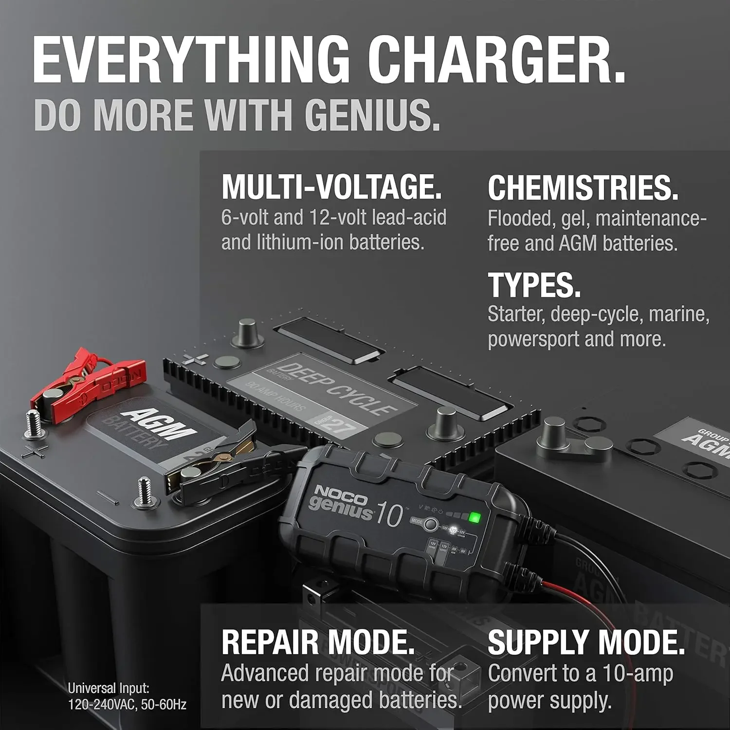 GENIUS10, 10A Smart Car Battery Charger, 6V and 12V Automotive Charger, Battery Maintainer, Trickle Charger, Float Charger