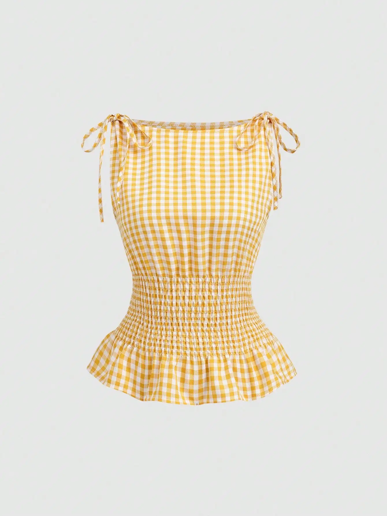 Women's Elegant French Style Solid Color Plaid Shoulder Tie Waist Fitted Slim Casual Commuter Versatile Tank Top, Spring/Summer