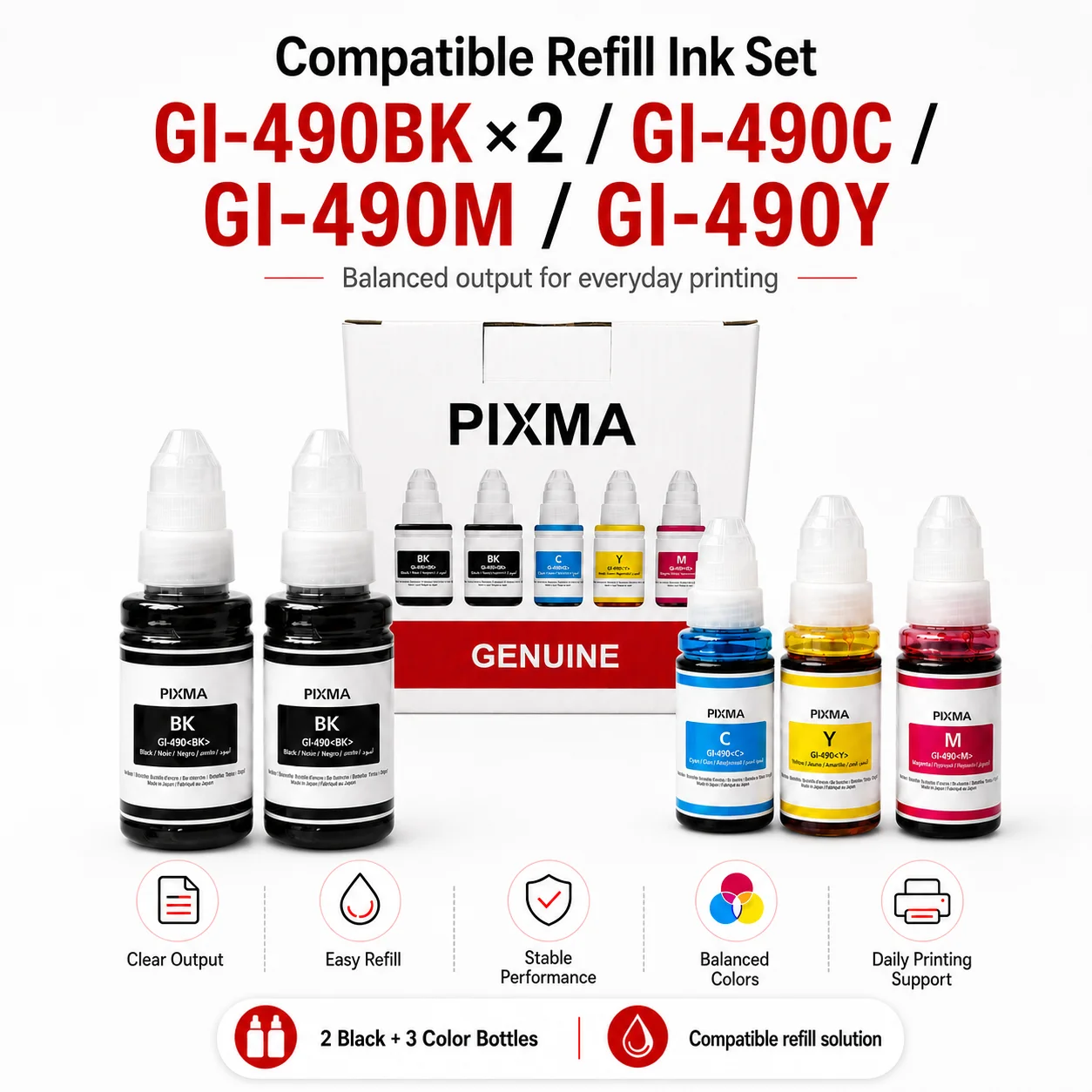 

GI-490BK 2× Black + GI-490C M Y Ink Bottle Set Compatible for Canon PIXMA Printer Refill Ink Dye Ink Color Ink High Yield Replac