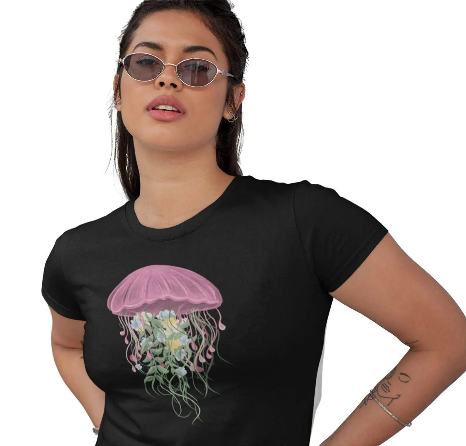 Jellyfish T Shirt Woman Floral Sea Creatures Ocean Women'S Watercolor