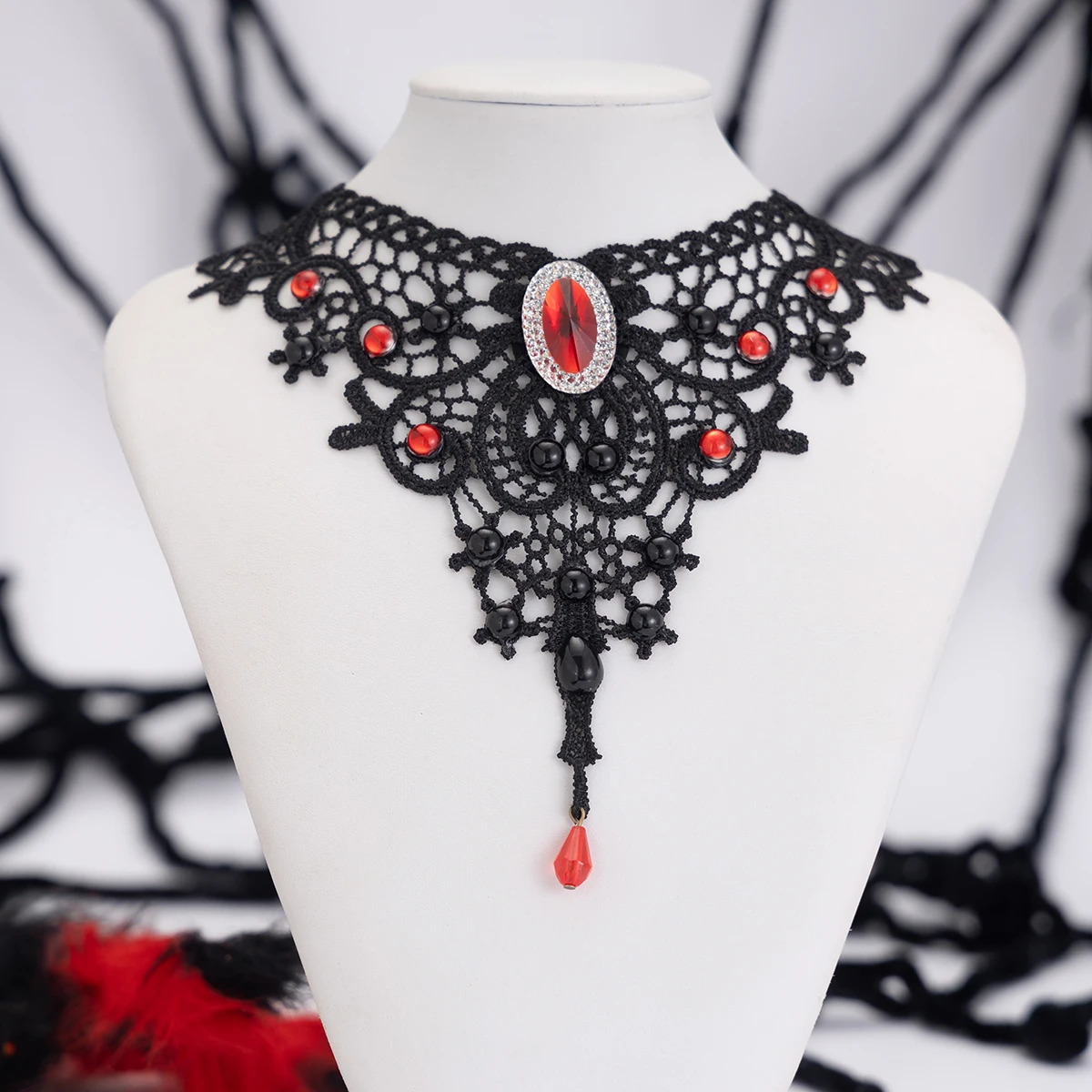 SHIXIN Gothic Hollow Out Black Lace Halloween Choker Necklace Women Vintage Water Drop Tassels Neck Chain Halloween Jewelry 2024