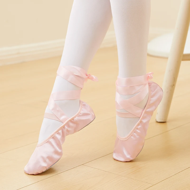 Girls Satin Ballet Shoes Pink Women's Ballet Shoes Strap Ballet Flats Soft soled Dance Shoes For Practice Performances Ballerina