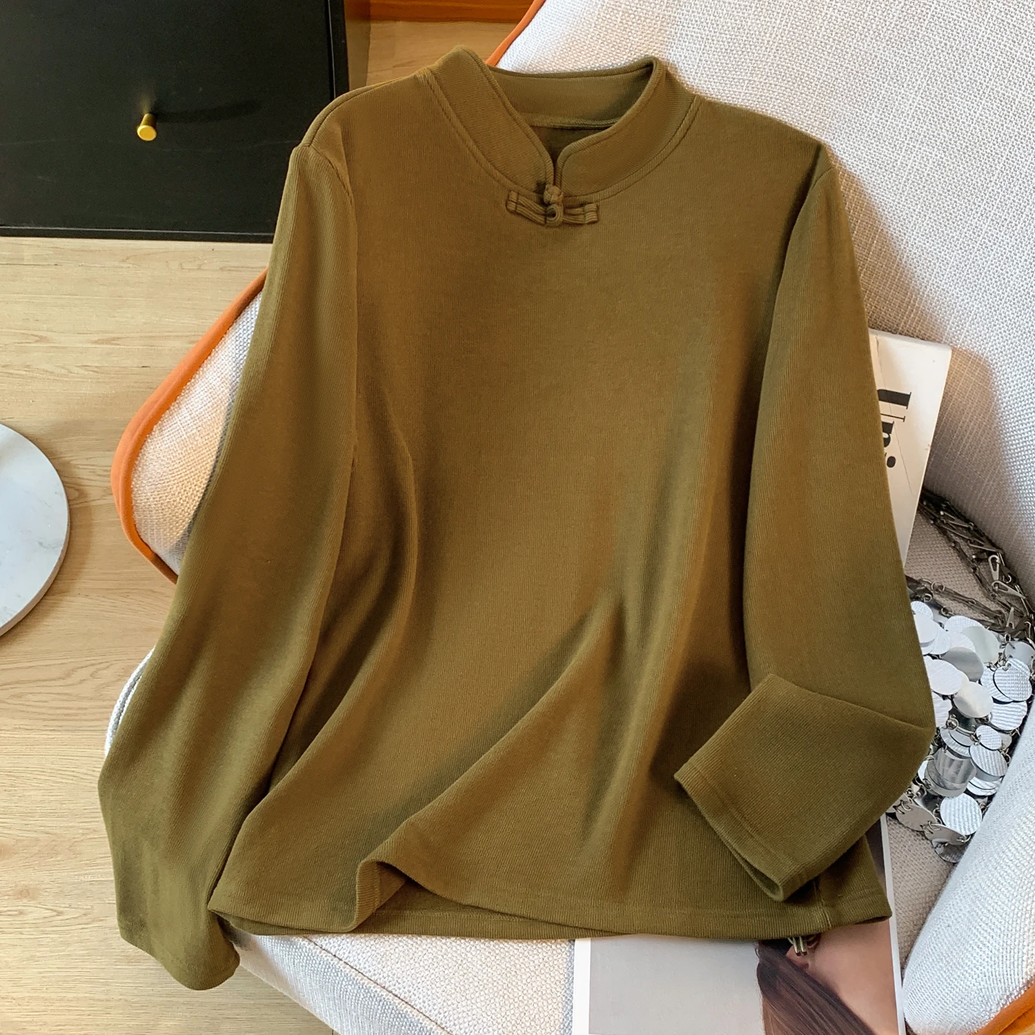 Ele Chinese Sle Long Sve T-irt レディース ベース irt QiPao トップ 韓国版 ルーズフィット カラー デルボ生地