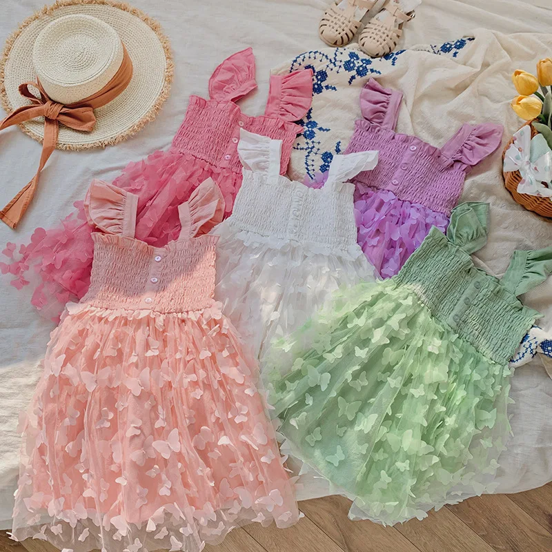 3D Butterfly Mesh Flutter Sleeve Girls' Dress Summer Style Cable Waist Baby Girl Princess Dress