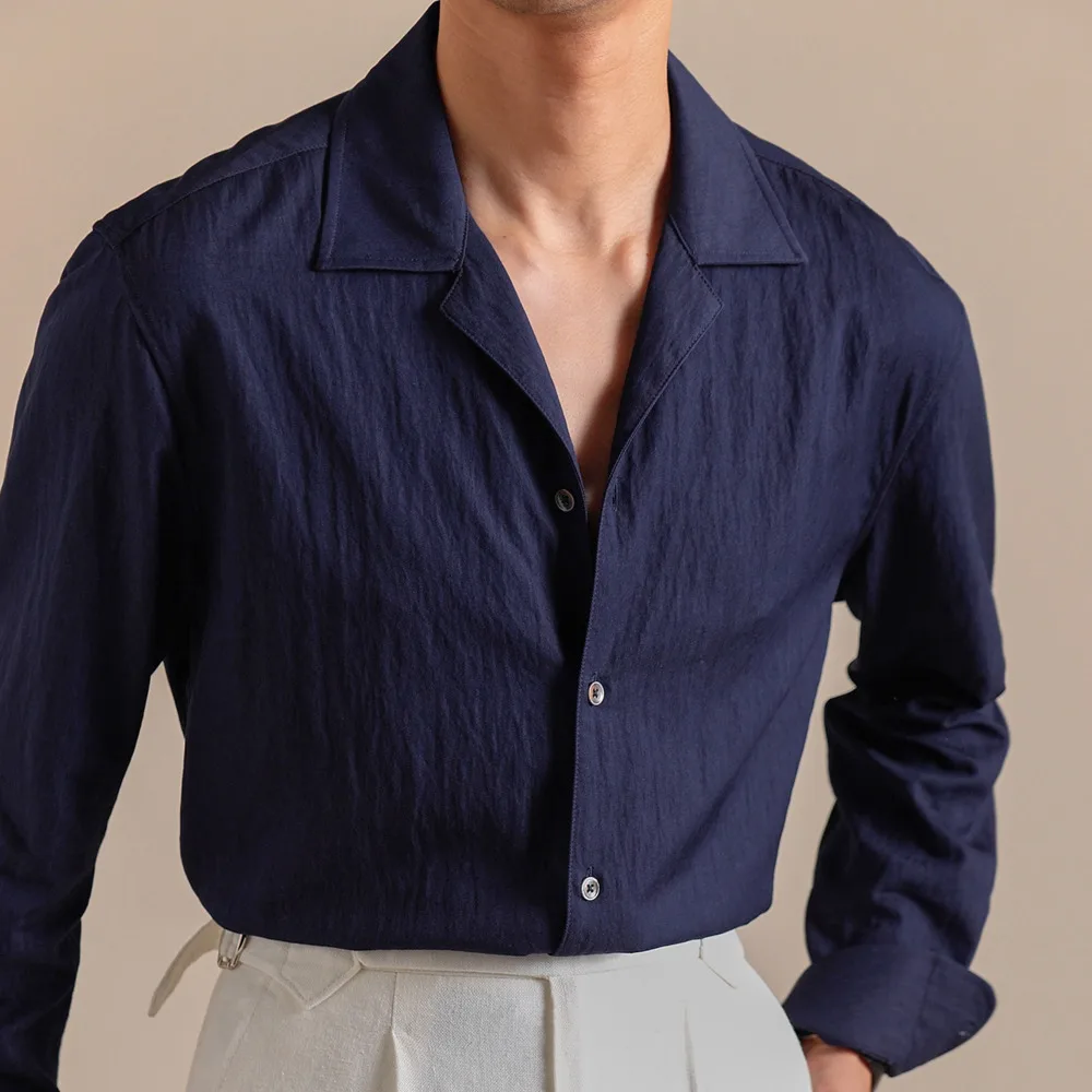 

Italian Cuban Collar Shirt For Men Business Casual Imitation Texture Retro Shirt Camisa Social Masculina Chemise Hawaienne Homme