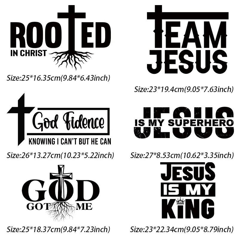 6pieceBlack Letter Christian Jesus Iron On Patches Heat Transfer Vinyl Film Diy Sewing Crafts Clothes Sticker  Cartoon stickers