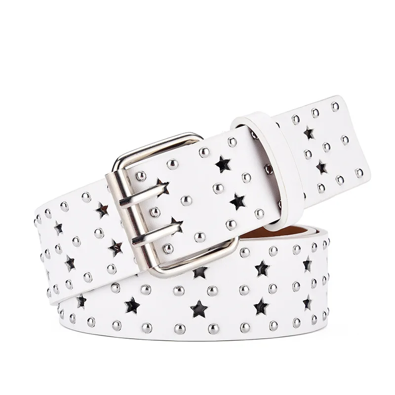 womens fashion studded belt punk rock star belts double pin buckle soft leather waistband ladies stylish hollow jeans strap on