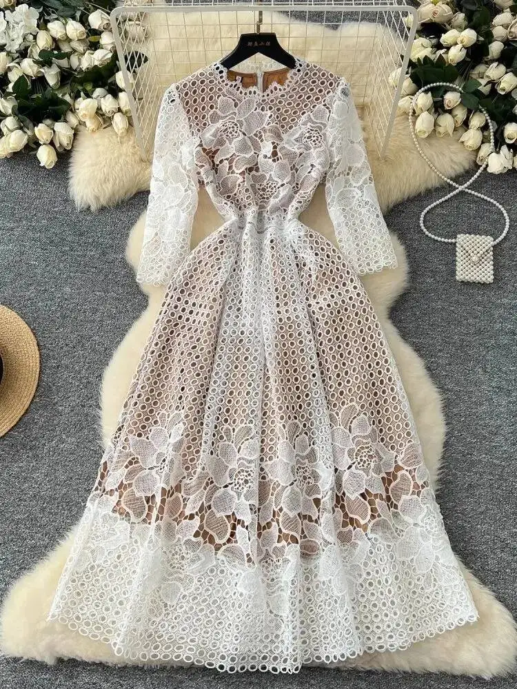 Autumn Elegant Flower Embroidery Lace Long Dress Summer Women Half Sleeve Midi Robe Hollow Out Wedding Party Evening Vestidos