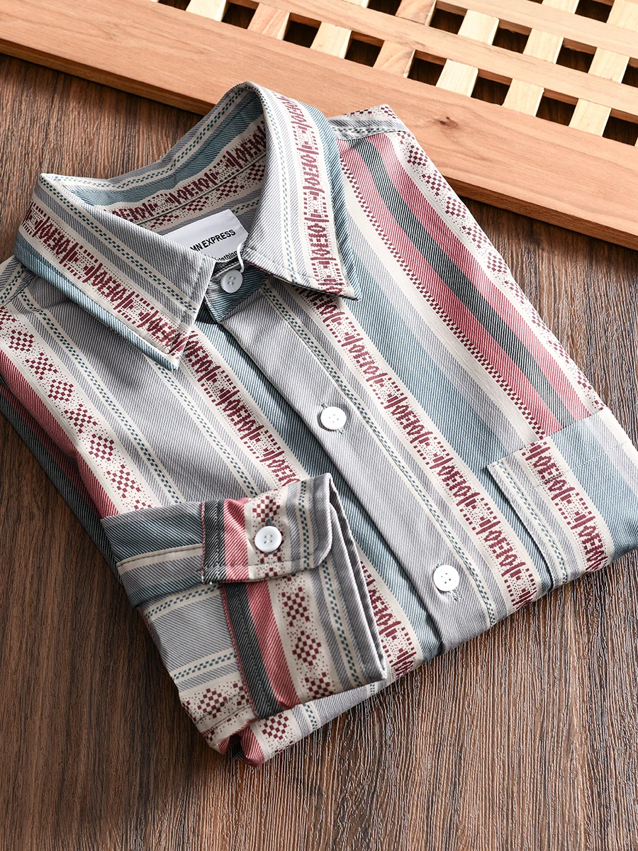 

Retro Striped Long Sleeve Shirt Line Men's Fashion Trend Collar Stand Artistic Style Standard Fit Polyester Fiber