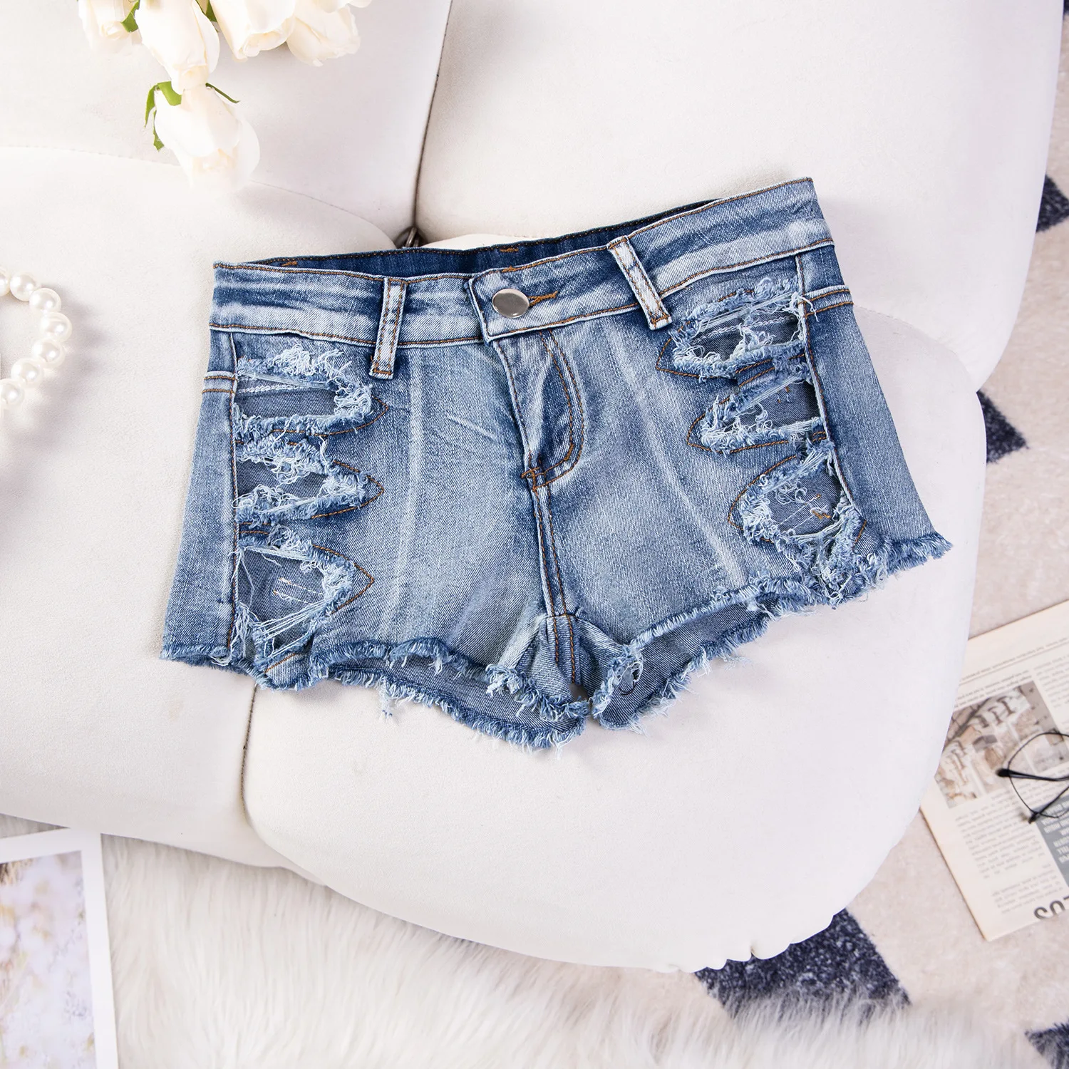 

Женские сексуальные рваные тонкие летние шорты с открытыми отверстиями и низкой посадкой, джинсовые короткие джинсы