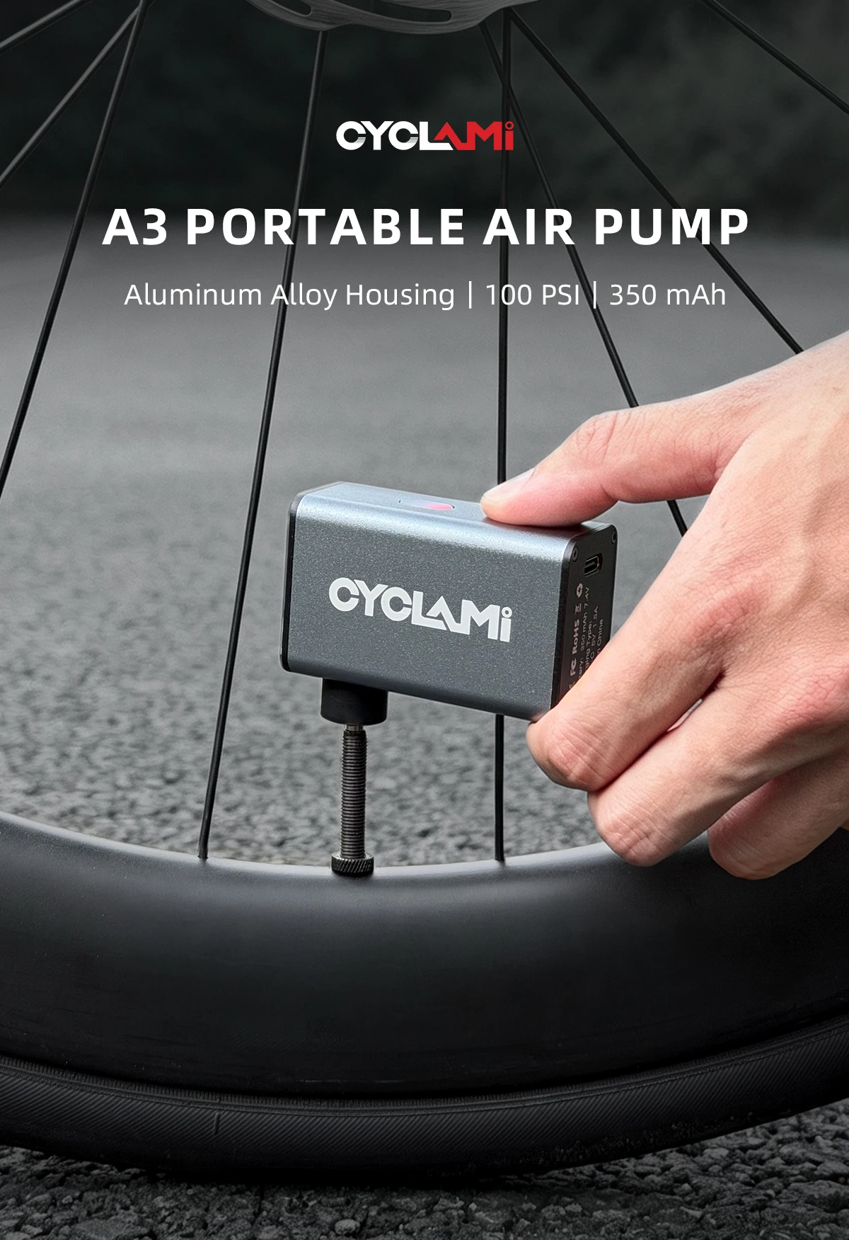 CYCLAMI A3 Reifenfüller Tragbarer Luftkompressor Wiederaufladbarer Fahrrad-Akku-Luftpumpe mit automatischer Abschaltung für MTB, Straßen- und Gravelbikes – Detail 1