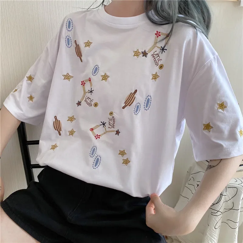 High Quality Embroidery Tees Women Loose Pure Cotton Kawaii T Shirts Summer Short Sleeve Loose White Y2K Tops Aesthetic Clothes