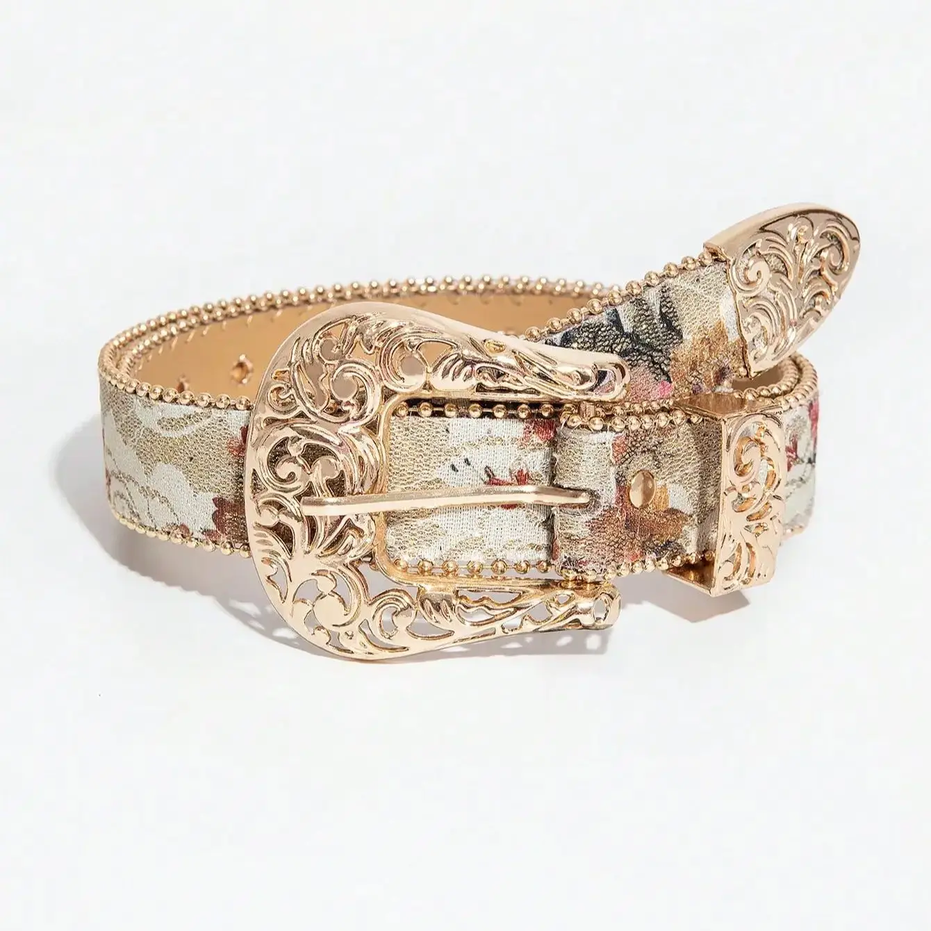 Ceinture perlée à imprimé floral avec boucle en métal creuse de style palais pour femmes, une ceinture décorative polyvalente pour jeans, 1 pièce