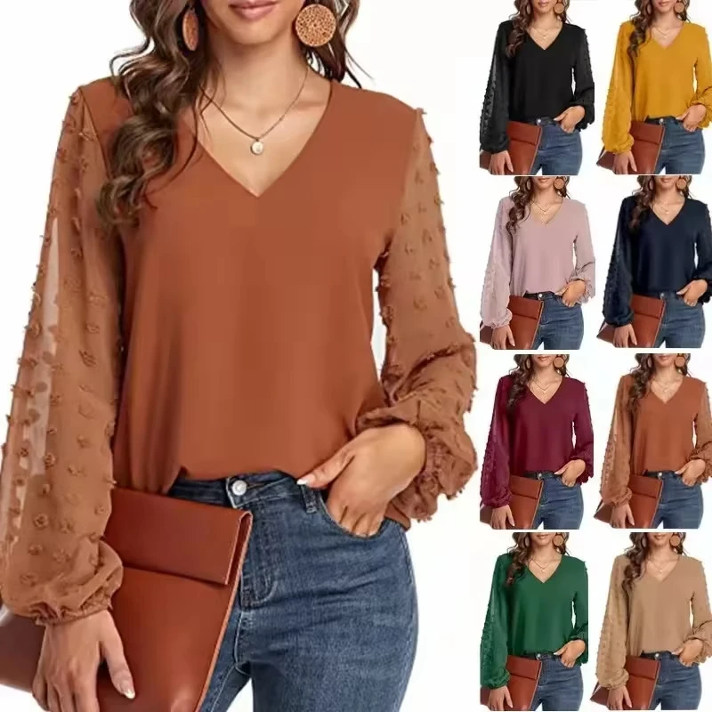 

Women's solid Tops Blouses Women 2024 Long Sleeve Elegant v-neck Loose Shirt Blouse Casual Shirts Spring Summer Ladies Top