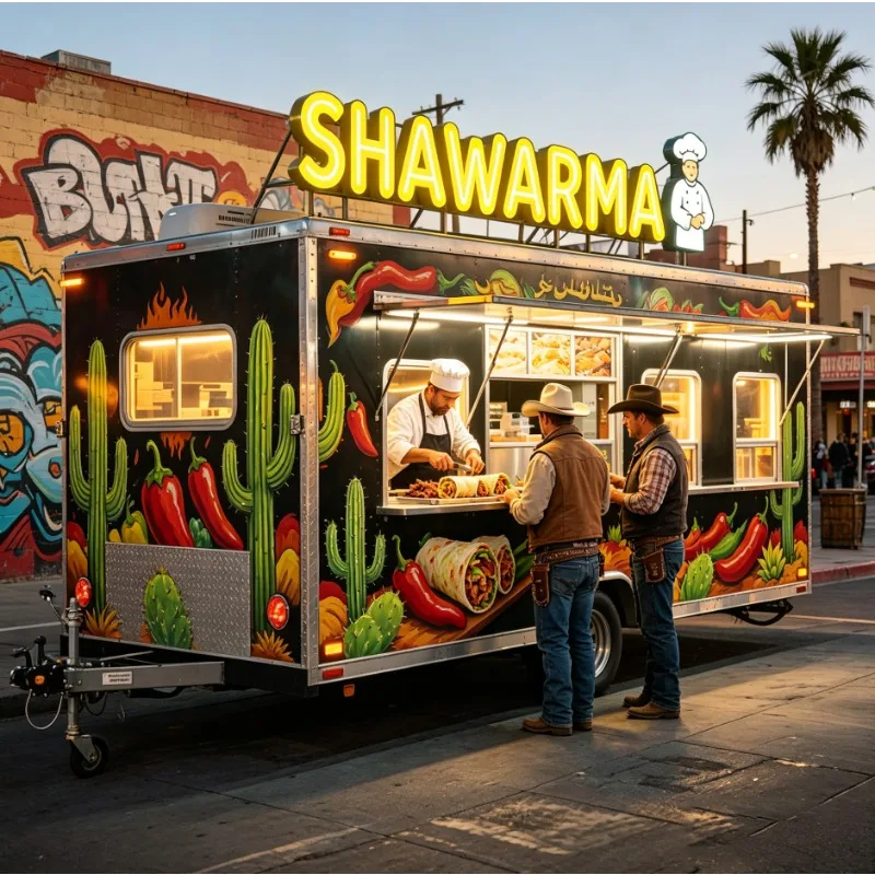 All-in-One Food Trailer Mobile Kitchen Hot Dog Ice Cream Pizza Cart 3 Compartment Sink Stainless Steel Commercial Catering Truck