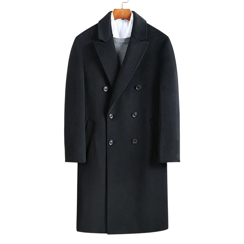 Thickened Woolen Coat for Men Double Breasted Extra Long Jacket with Lapel Business Outerwear for Casual Occasions