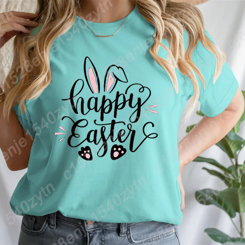 

Cute Happy Easter Bunny Print T-Shirts Women Short Sleeve Funny Round Neck Tee Shirt Casual Soft Summer Solid Color T Shirt Tops