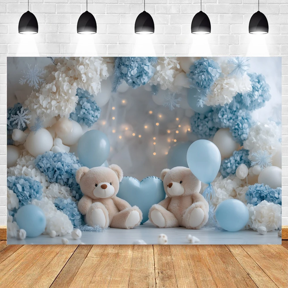 Baby Boy 1st Birthday Party Photography Backdrop Flower Balloons Toy Bears Theme Baby Shower Kids Portrait Photocall Background