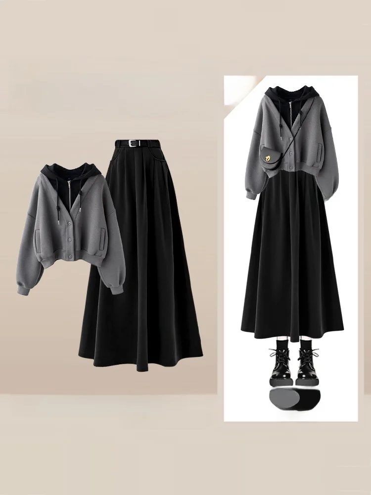 Autumn Winter Women's College Sle Sweatirt Skirt Set Casual High Waist Long Skirt Two Piece Outfit Anti-Aging Trendy Set