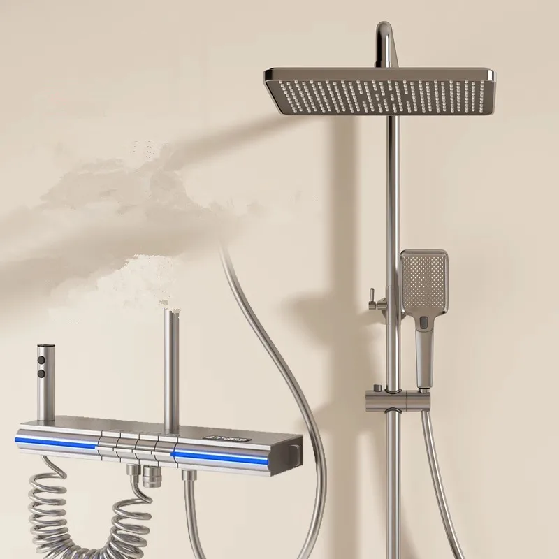 Grey Digital Display Bathroom Shower Faucet Set Brass Bathroom Rainfall Shower Mixer Tap Brass Bath and Shower Faucet Set