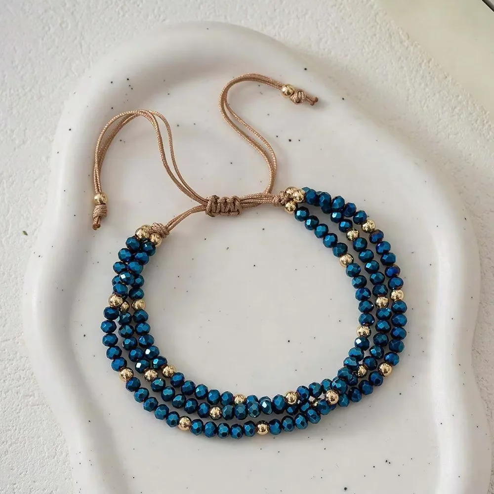 3-слойный AB синий золотой цвет, регулируемый браслет ручной работы из бисера для женщин, винтажный дизайн, тканый браслет с узлами, ювелирные изделия