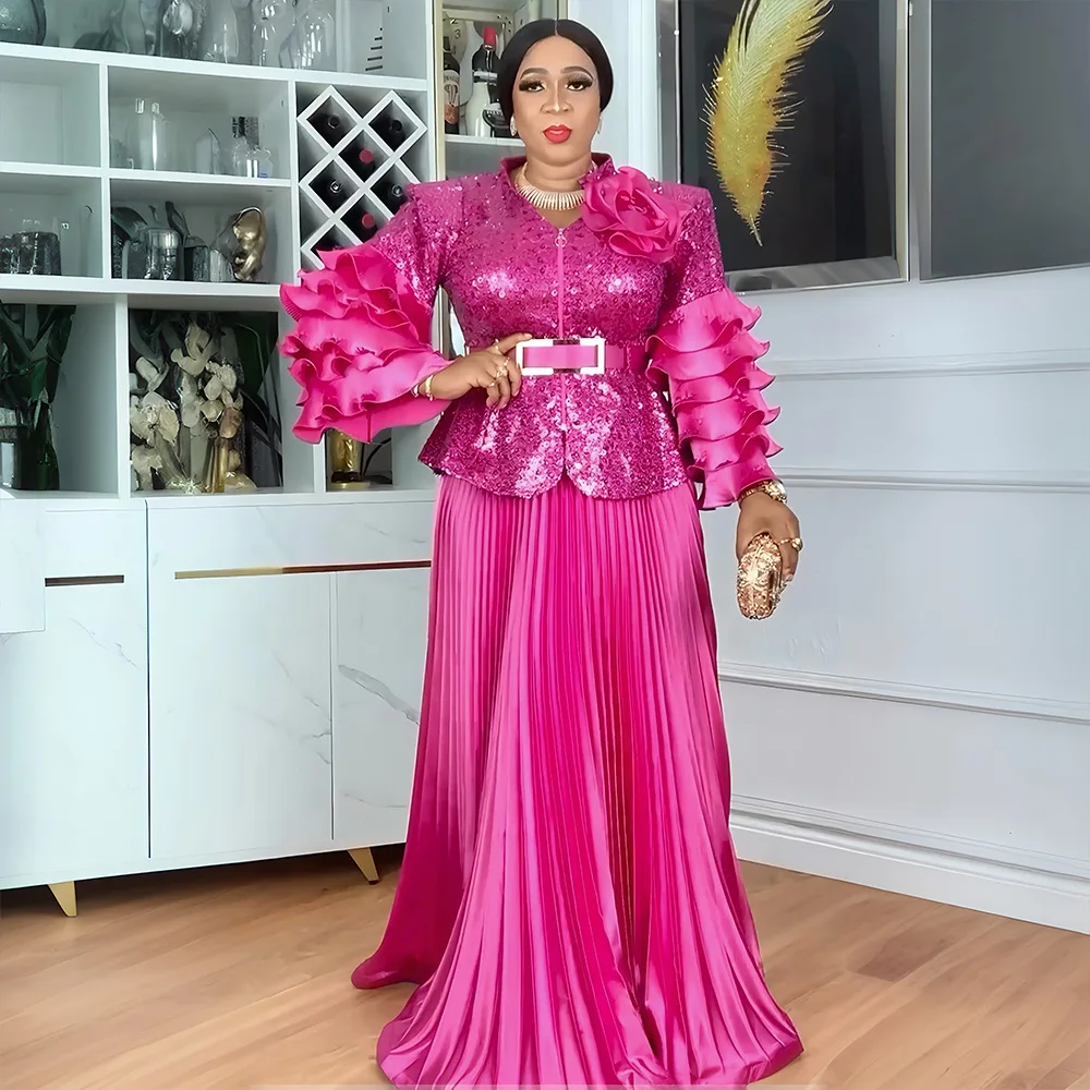 

Sequin African Clothes for Women 2 PCS Sets Tops And Skirts Suits Dashiki Ankara Outfits Gown Plus Size Wedding Party Dresses