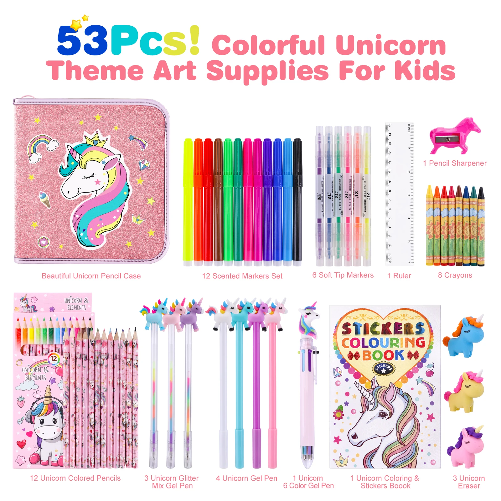 53/56PCS Painting Stationery Sets for kids Unciorn Drawing Tool Colored Marker Pens Crayons Pencil Case School Art Supplies